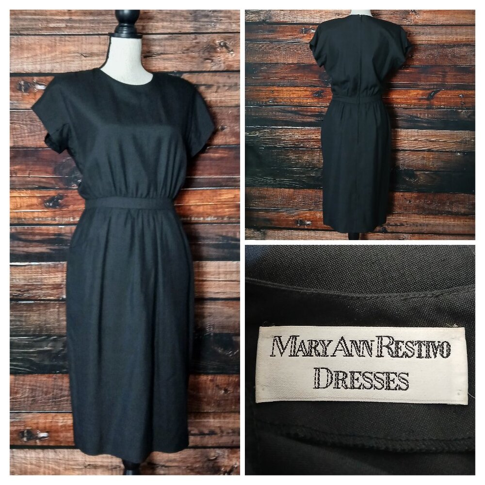Mary Ann Restivo Vintage 80s Dress 8 Black 100% Dupioni Silk Pockets Union Made